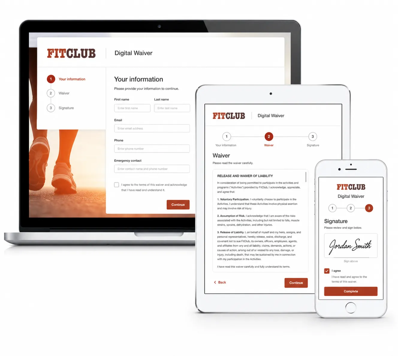 A FitClub digital waiver progressing from customer information to review and signature across laptop, tablet, and mobile devices