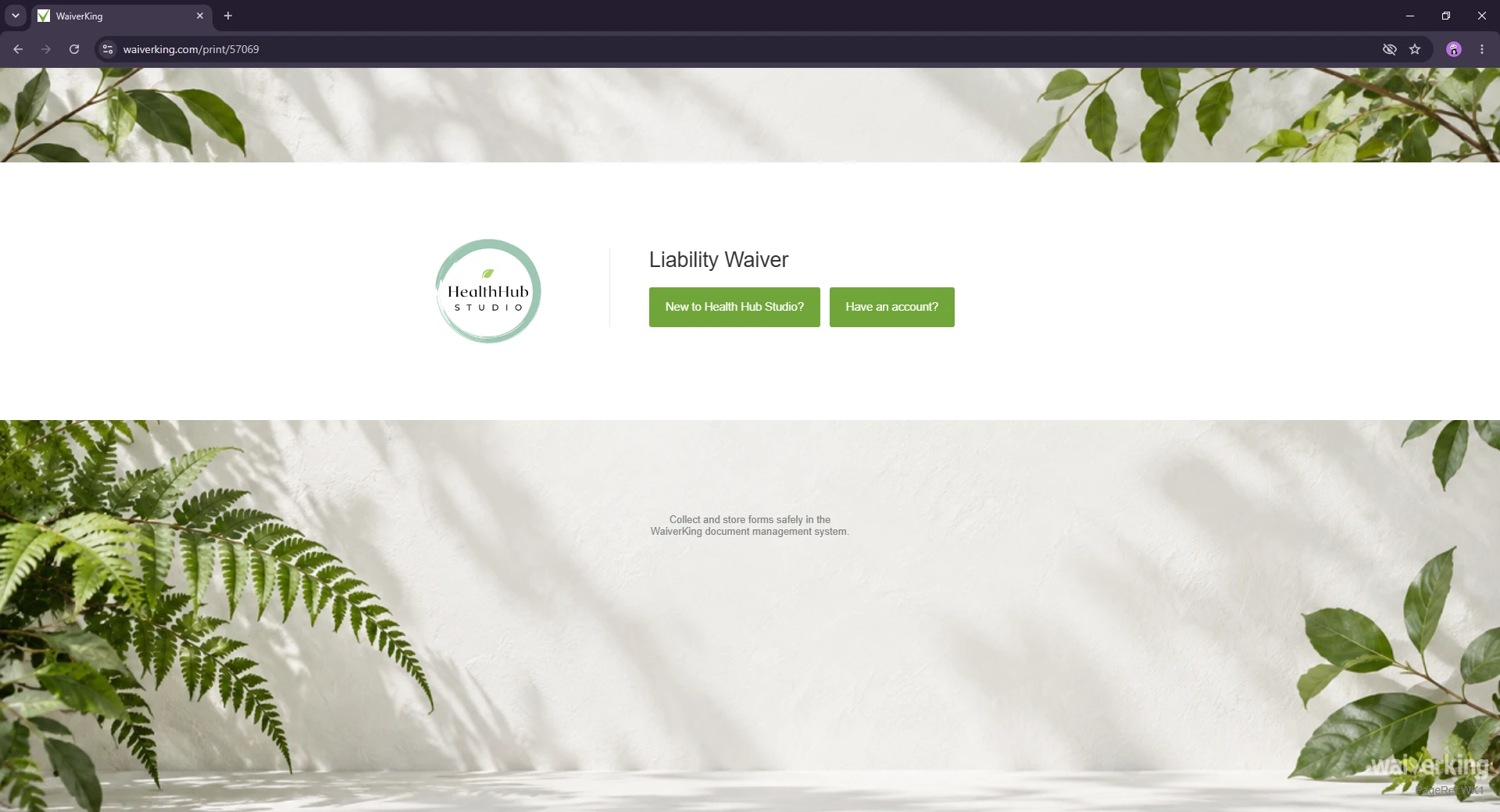 WaiverKing liability waiver start page with HealthHub Studio branding