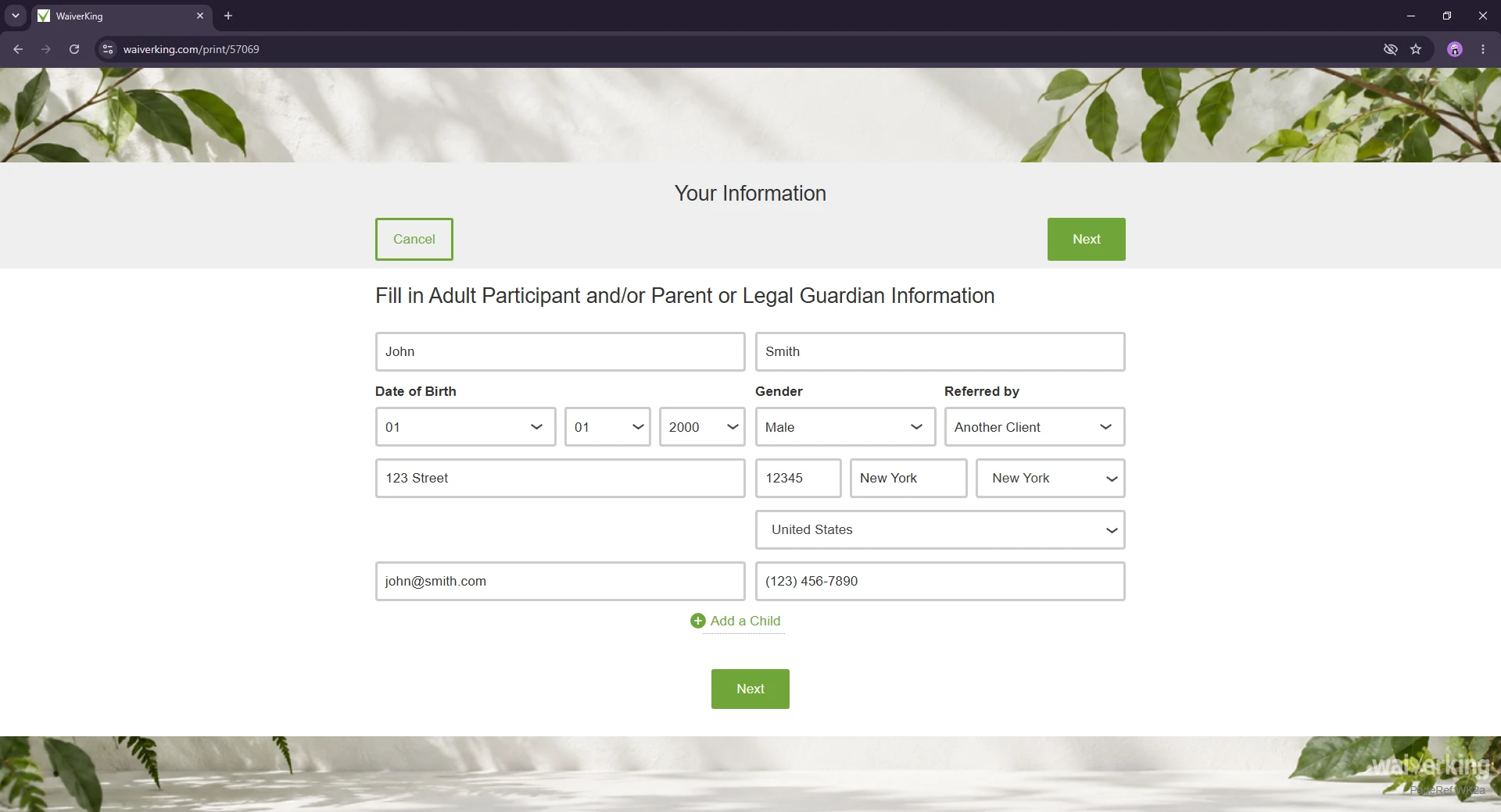 WaiverKing customer information completed with the supplied John Smith example details