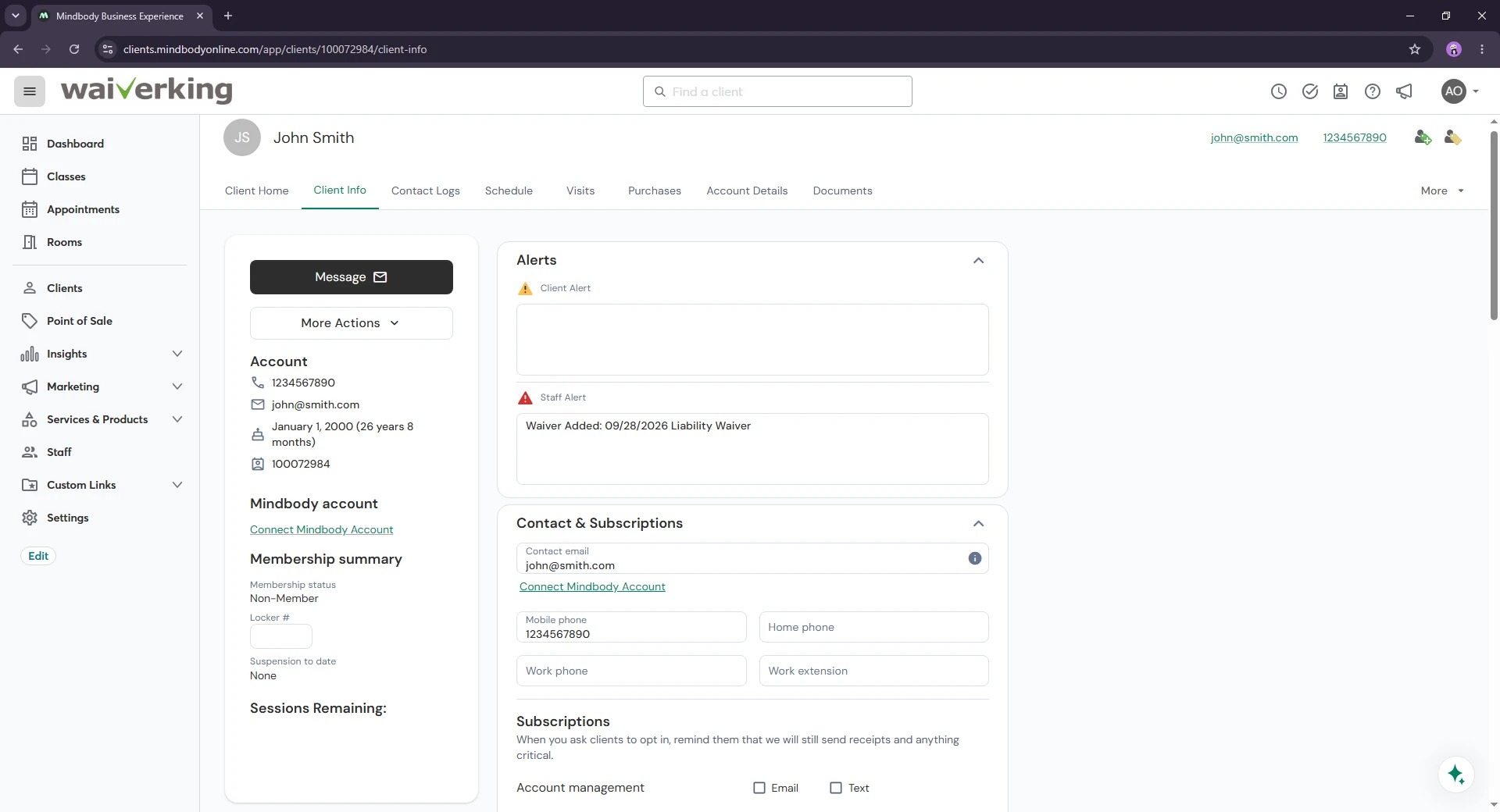 Mindbody John Smith example client record with a Waiver Added staff alert