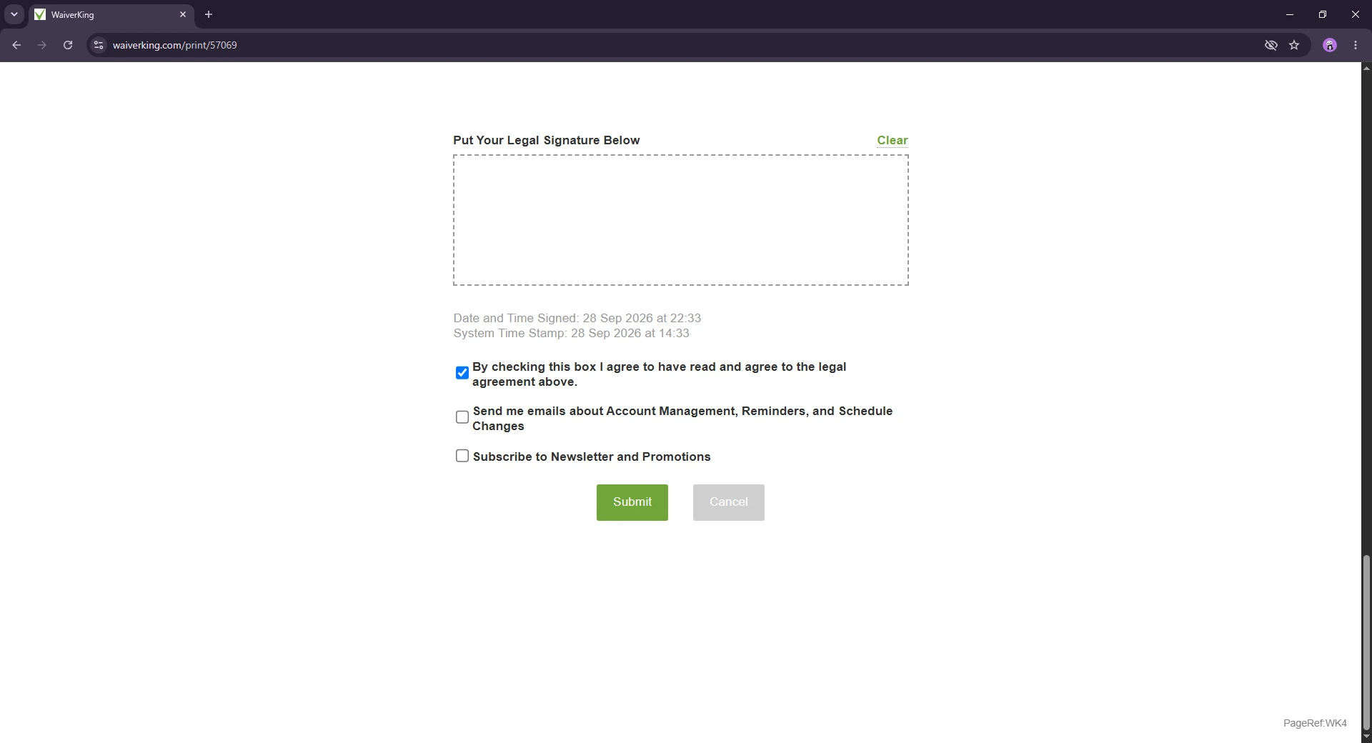 WaiverKing signature area, agreement checkbox, optional email preferences and submit button