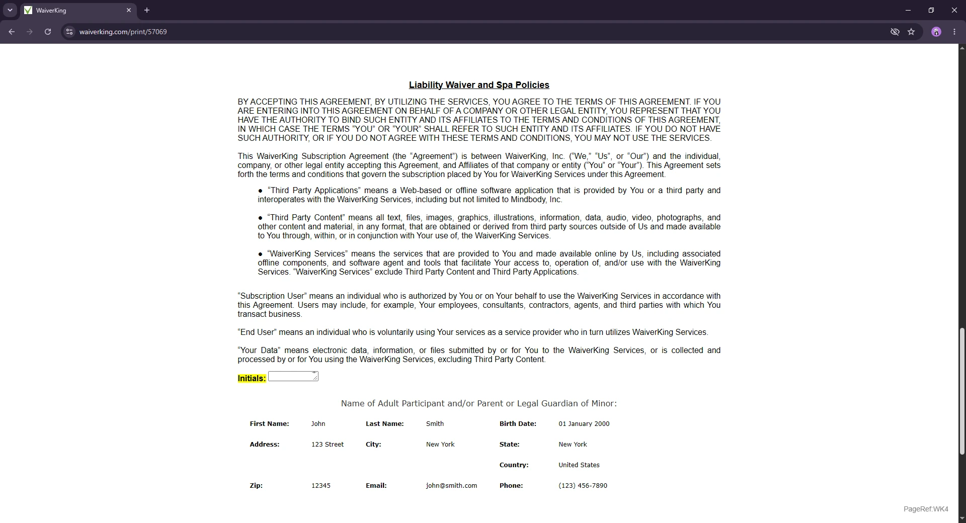 Liability waiver and risk policies displayed in a WaiverKing form