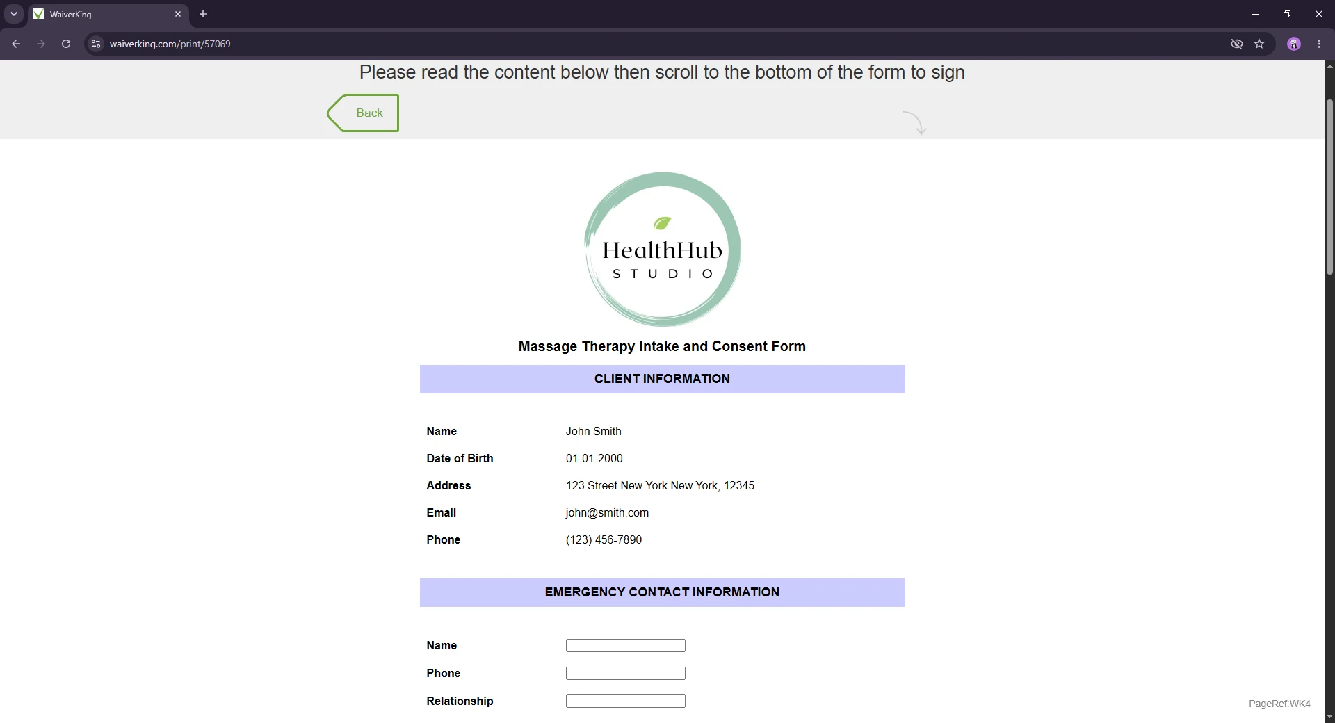 HealthHub Studio massage therapy intake and consent form with example client information