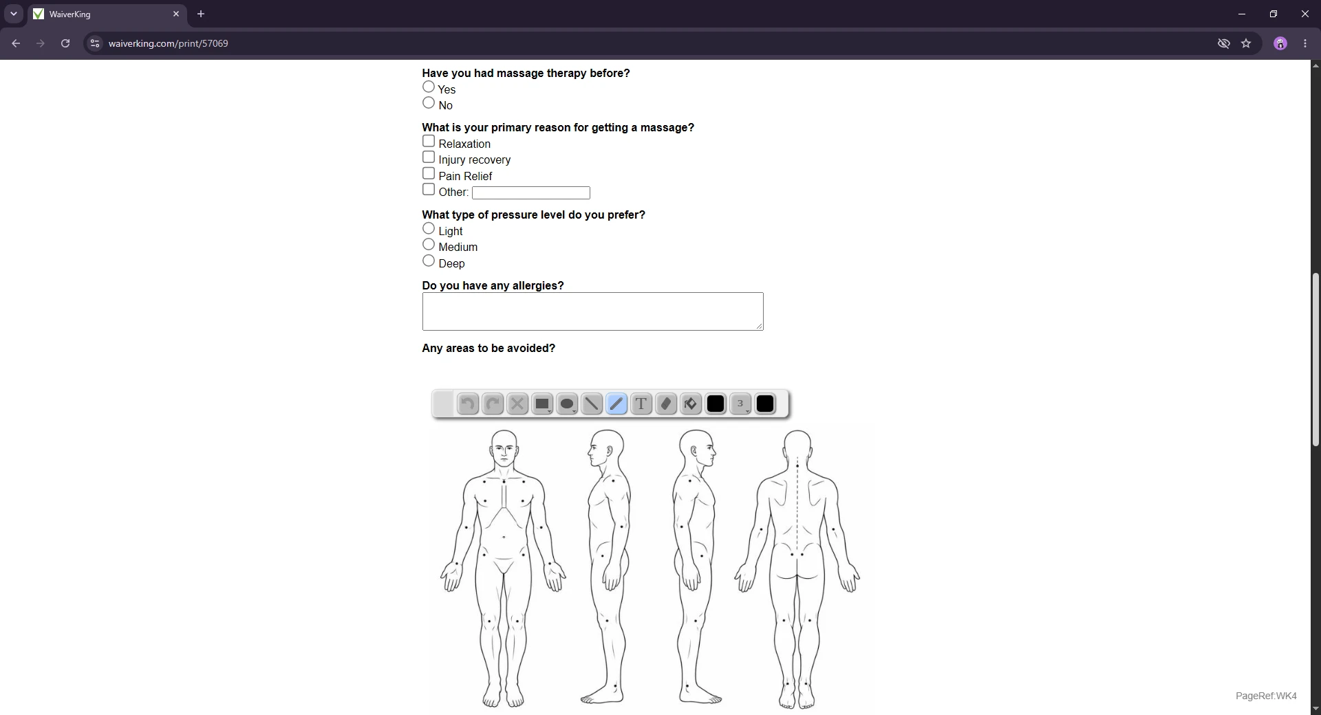 WaiverKing massage questionnaire with selection fields, a comments box and a body chart